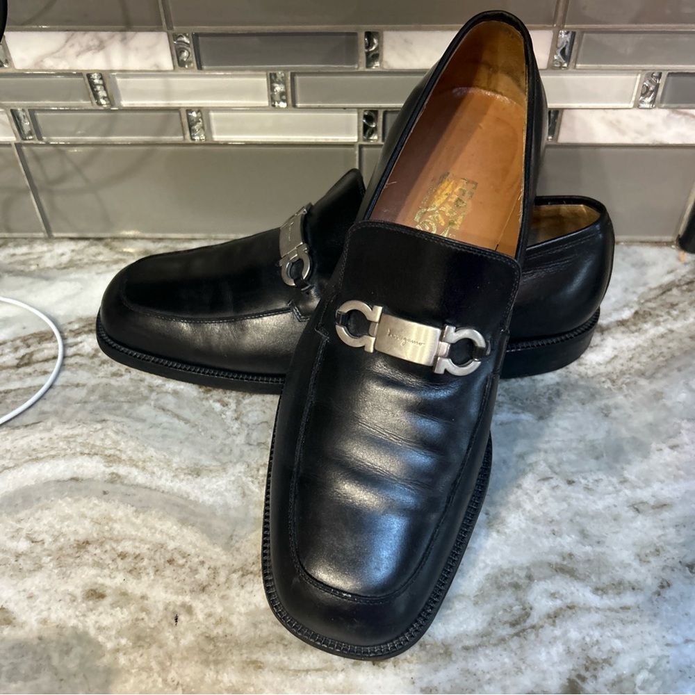 Men’s Black Salvatore Ferragamo Shoes Loafers Silver Fancy  Buckle Leather 10EE